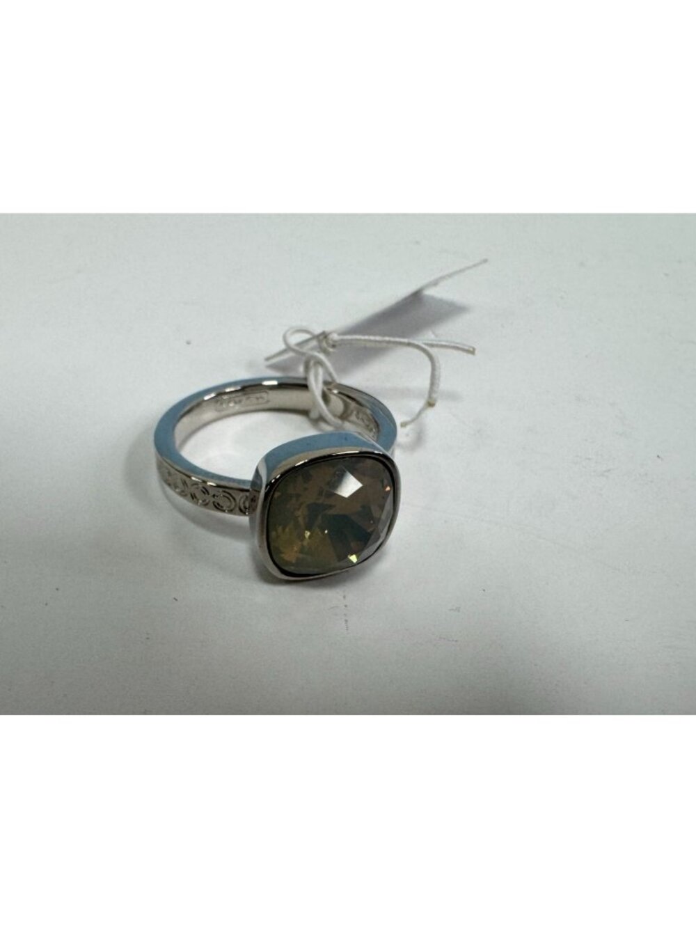Coach Silver-Tone Square Stone Ring In Grey Size 8
